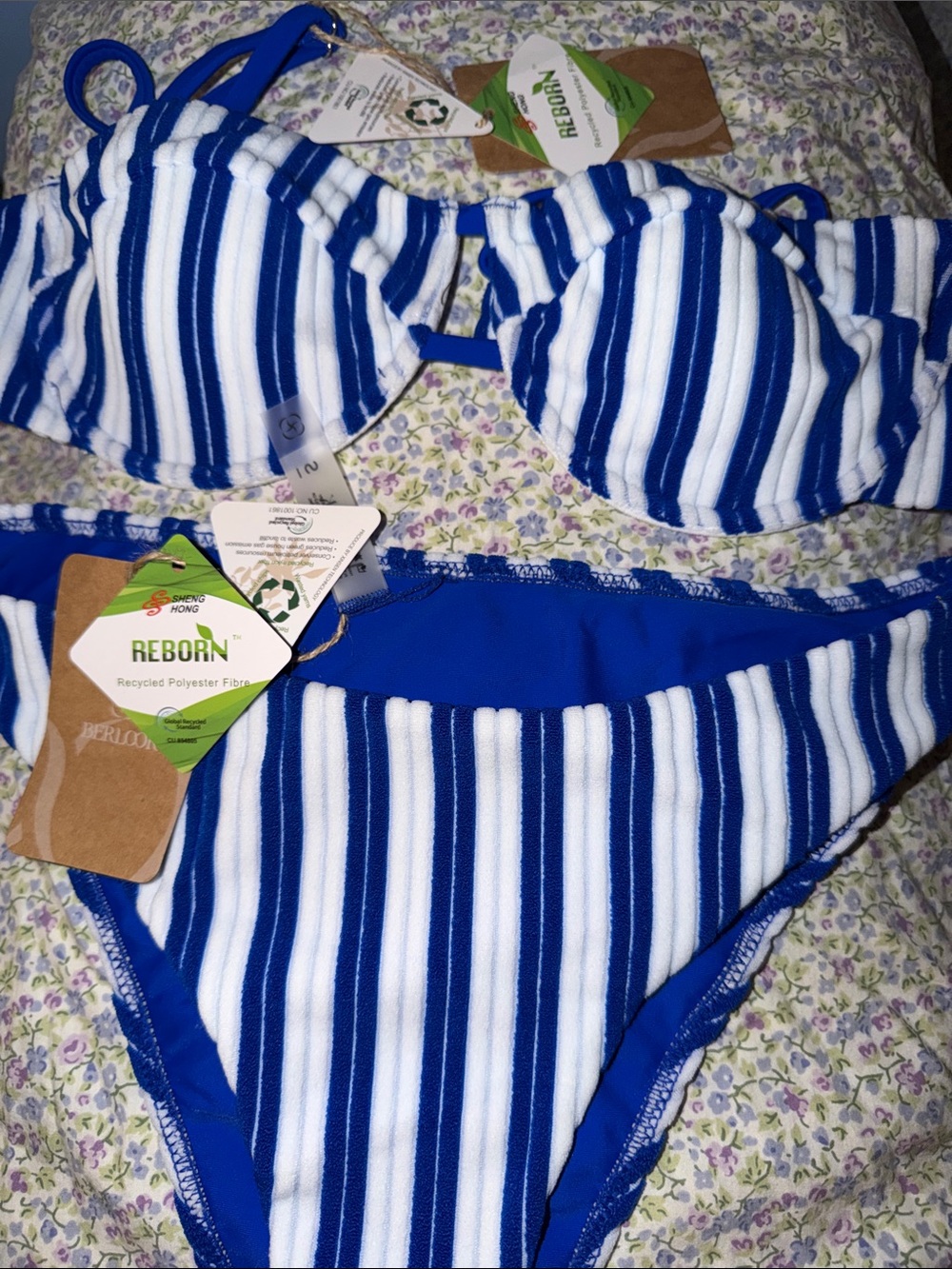 Plush Texture Stripe Underwire Bikini top , and Navy Plush Texture Stripe Bikini
